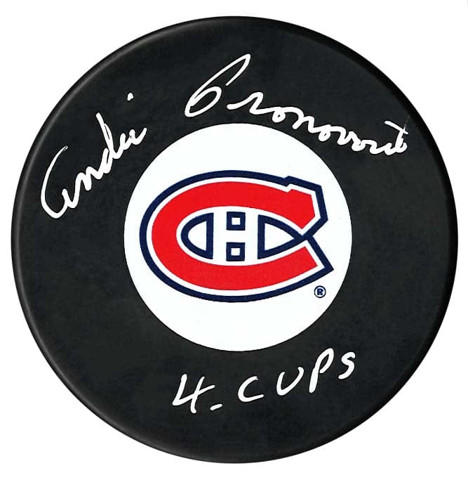 Andre Pronovost Autographed Montreal Canadiens 4 Cups Inscribed Puck CoJo Sport Collectables Inc.