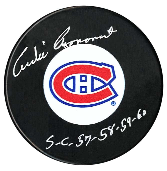 Andre Pronovost Autographed Montreal Canadiens Stanley Cup Inscribed Puck CoJo Sport Collectables Inc.