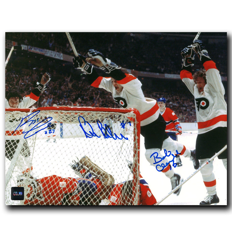 Bobby Clarke, Bill Barber, Reggie Leach Philadelphia Flyers Autographed LCB Line Goal 8x10 Photo CoJo Sport Collectables Inc.