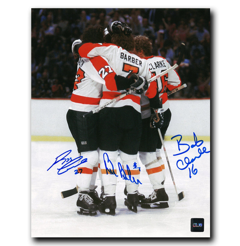 Bobby Clarke, Bill Barber, Reggie Leach Philadelphia Flyers Autographed LCB Line Goal Celebration 8x10 Photo CoJo Sport Collectables Inc.