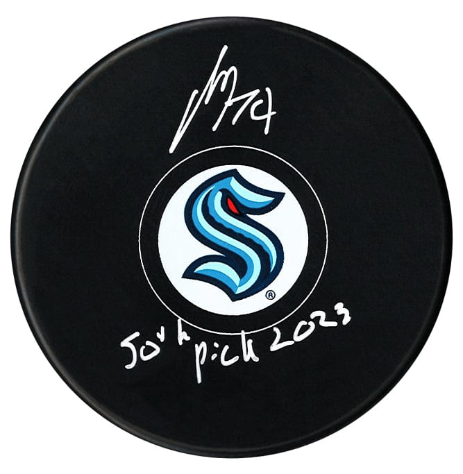 Carson Rehkopf Autographed Seattle Kraken Draft Inscribed Puck CoJo Sport Collectables Inc.