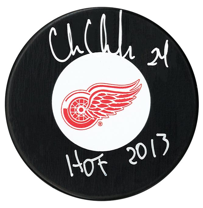 Chris Chelios Autographed Detroit Red Wings HOF Inscribed Puck CoJo Sport Collectables Inc.