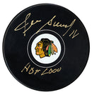 Denis Savard Autographed Chicago Blackhawks HOF Inscribed Puck (Gold) - CoJo Sport Collectables Inc.