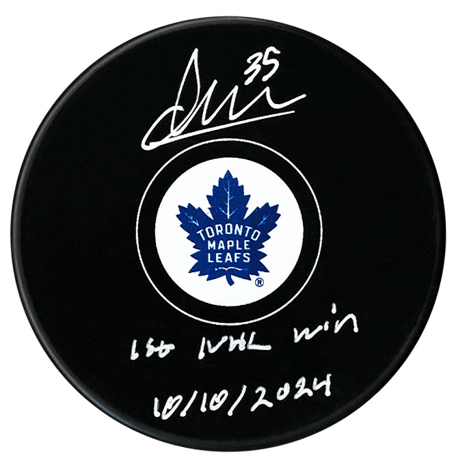 Dennis Hildeby Autographed Toronto Maple Leafs 1st Win Inscribed Puck