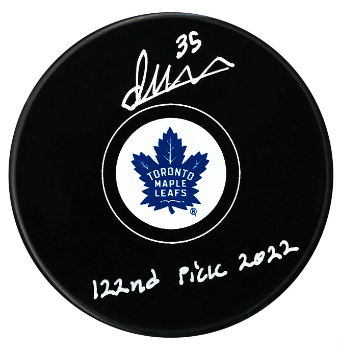 Dennis Hildeby Autographed Toronto Maple Leafs Draft Inscribed Puck