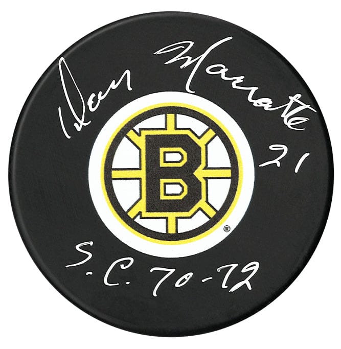 Don Marcotte Autographed Boston Bruins Stanley Cup Inscribed Puck CoJo Sport Collectables Inc.