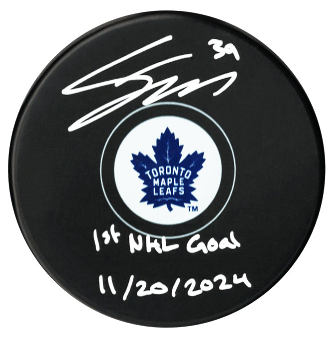 Fraser Minten Autographed Toronto Maple Leafs 1st Goal Inscribed Puck