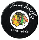 Gerry Desjardins Autographed Chicago Blackhawks Wins Inscribed Puck CoJo Sport Collectables Inc.