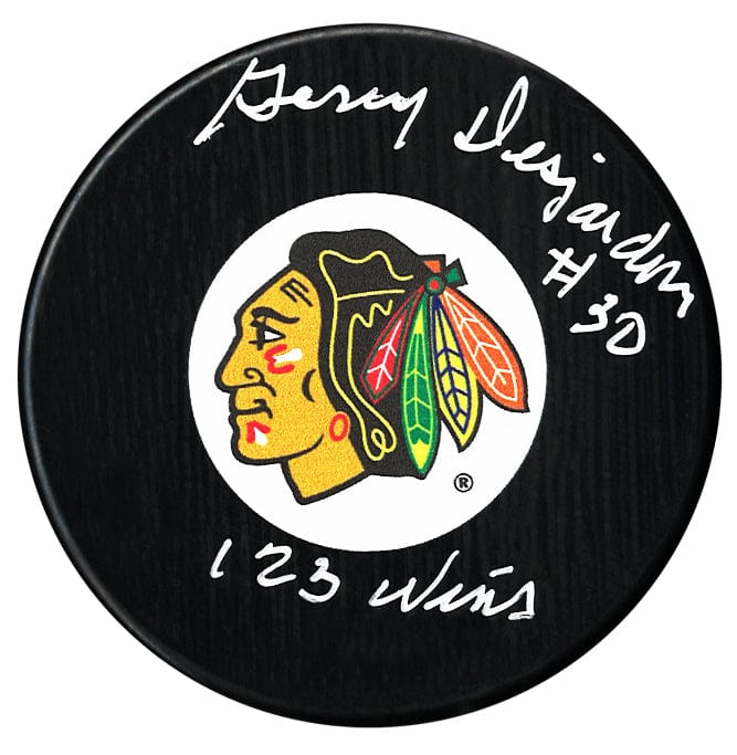 Gerry Desjardins Autographed Chicago Blackhawks Wins Inscribed Puck CoJo Sport Collectables Inc.