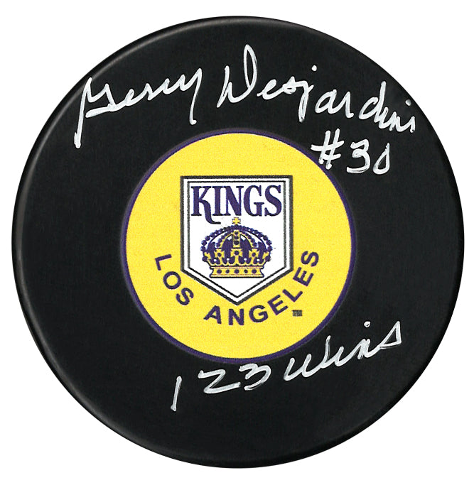 Gerry Desjardins Autographed Los Angeles Kings Wins Inscribed Puck