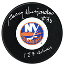 Gerry Desjardins Autographed New York Islanders Wins Inscribed Puck CoJo Sport Collectables Inc.