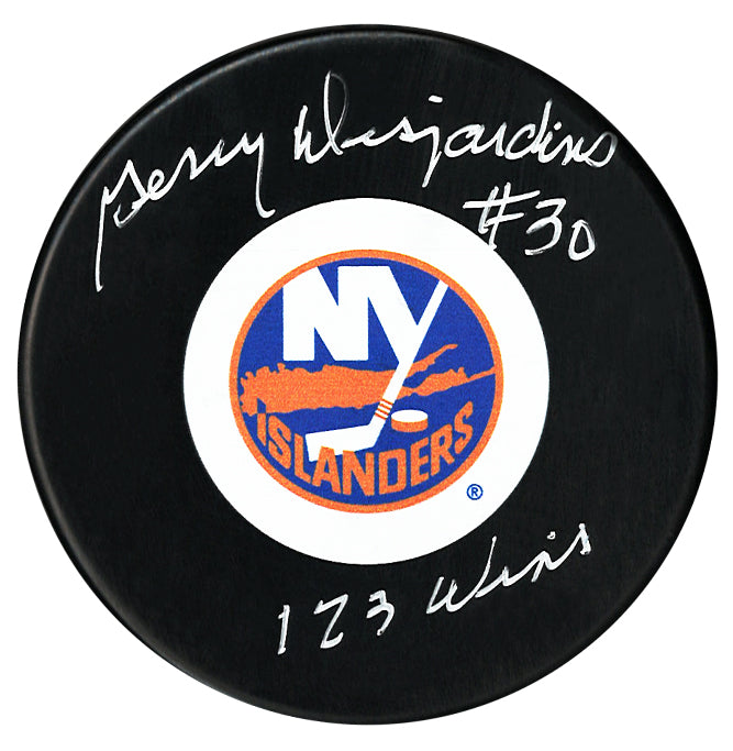 Gerry Desjardins Autographed New York Islanders Wins Inscribed Puck