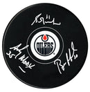Grant Fuhr, Andy Moog, and Bill Ranford Triple Autographed Edmonton Oilers Puck