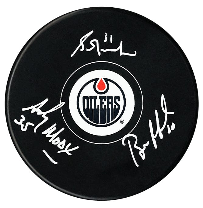 Grant Fuhr, Andy Moog, and Bill Ranford Triple Autographed Edmonton Oilers Puck