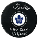 Jacob Quillan Autographed Toronto Maple Leafs Debut Inscribed Puck