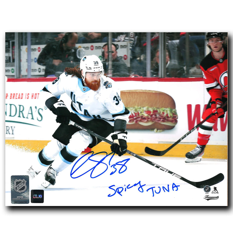 Liam O'Brien Utah Hockey Club Autographed Away Spicy Tuna Inscribed 8x10 Photo CoJo Sport Collectables Inc.