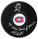 Logan Mailloux Autographed Montreal Canadiens 1st Game/Point Inscribed Puck CoJo Sport Collectables Inc.
