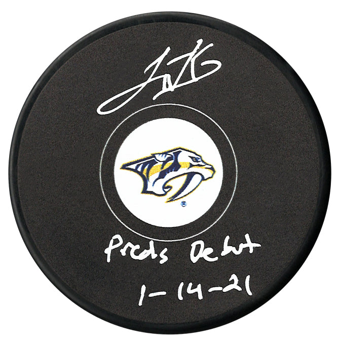 Luke Kunin Autographed Nashville Predators Debut Inscribed Puck