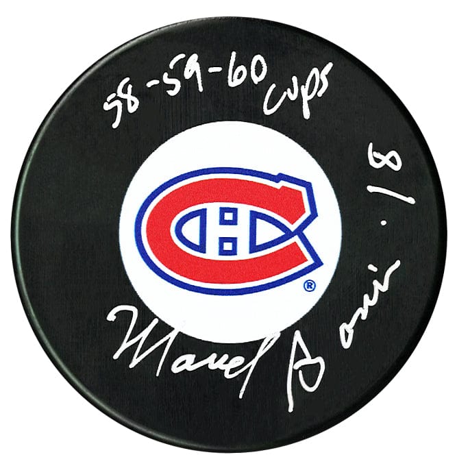 Marcel Bonin Autographed Montreal Canadiens Stanley Cup Inscribed Puck CoJo Sport Collectables Inc.