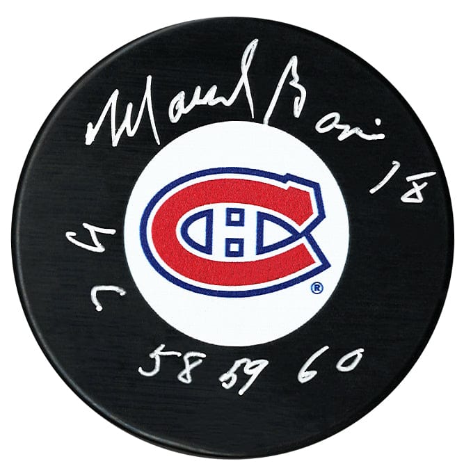 Marcel Bonin Autographed Montreal Canadiens Stanley Cup Inscribed Puck CoJo Sport Collectables Inc.