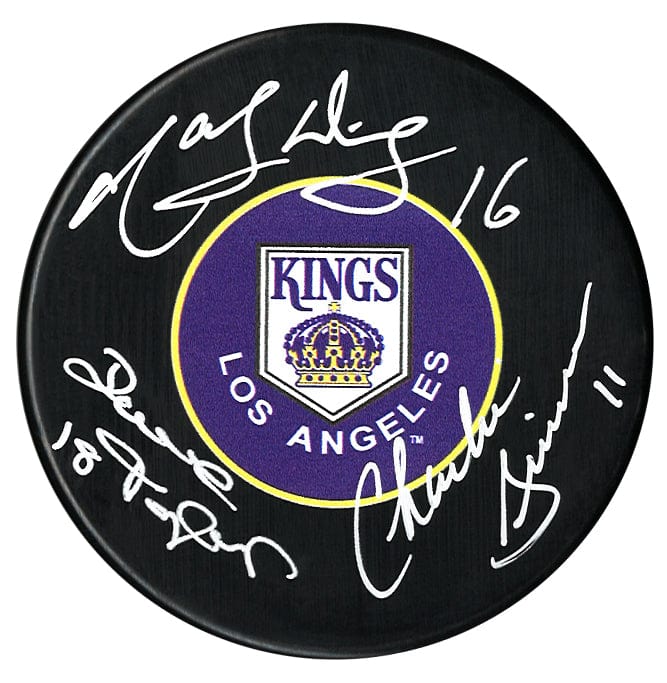 Marcel Dionne, Dave Taylor, Charlie Simmer Autographed Triple Crown Line Los Angeles Kings Puck (Purple) CoJo Sport Collectables