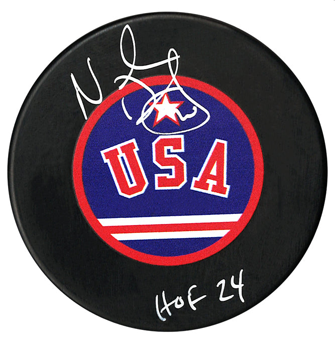 Natalie Darwitz Autographed Team USA HOF Inscribed Puck (Dark)