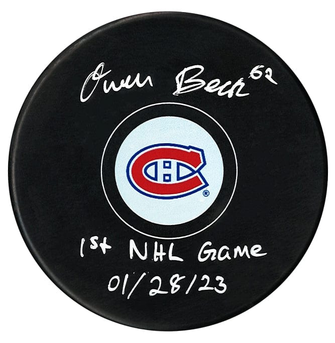Owen Beck Autographed Montreal Canadiens 1st Game Inscribed Puck CoJo Sport Collectables Inc.