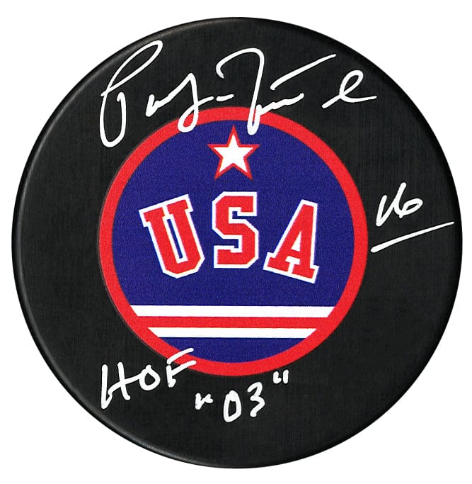 Pat LaFontaine Autographed USA HOF Inscribed Puck CoJo Sport Collectables Inc.