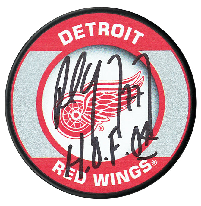 Paul Coffey Autographed Detroit Red Wings HOF Inscribed Souvenir Puck