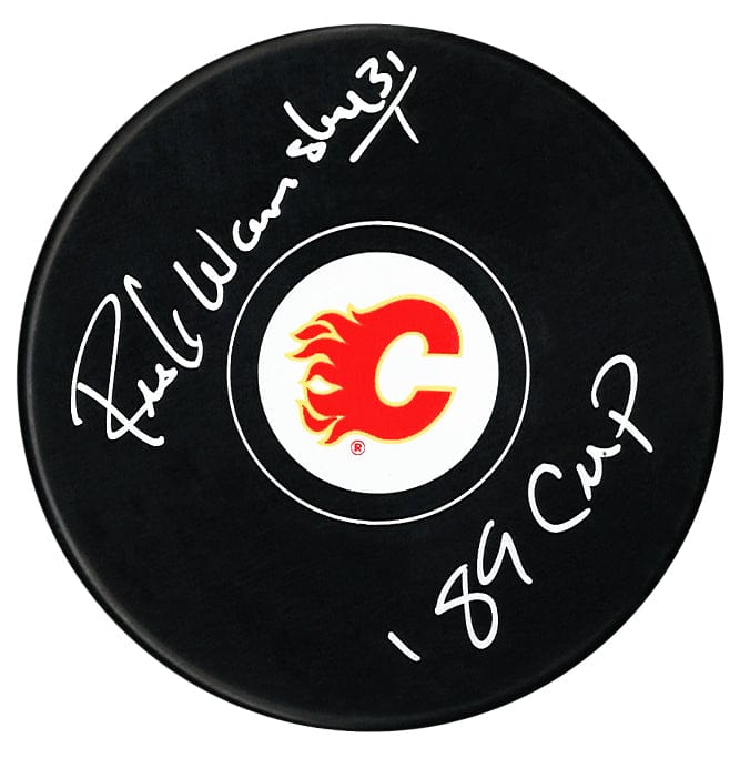 Rick Wamsley Autographed Calgary Flames Stanley Cup Inscribed Puck CoJo Sport Collectables Inc.