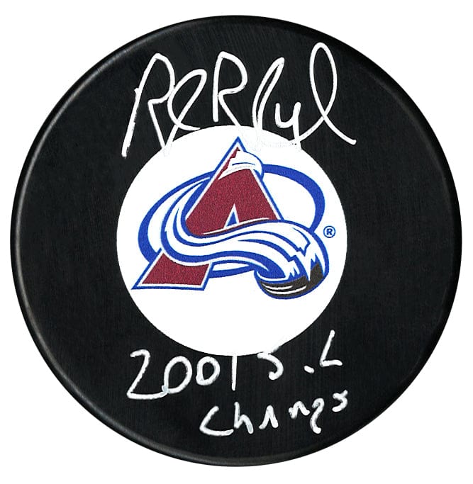 Rob Blake Autographed Colorado Avalanche 2001 SC Champs Inscribed Puck CoJo Sport Collectables Inc.