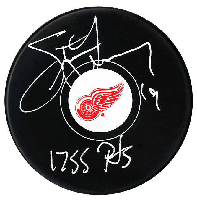 Steve Yzerman Autographed Detroit Red Wings Points Inscribed Puck (Small Logo)