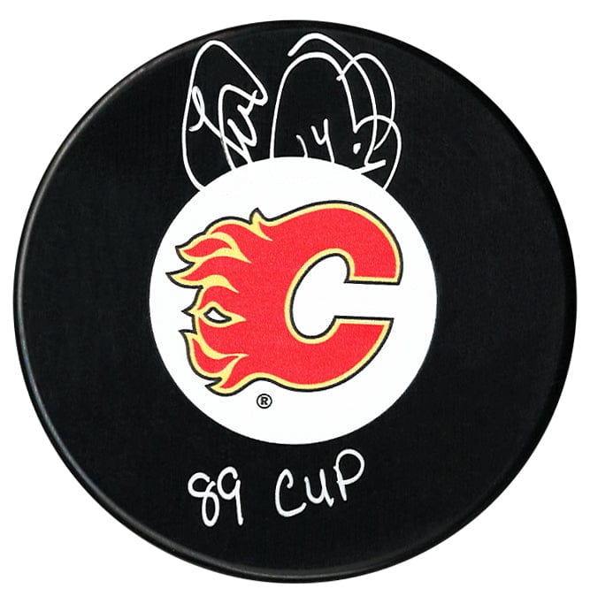 Theo Fleury Autographed Calgary Flames 89 Cup Inscribed Puck CoJo Sport Collectables Inc.