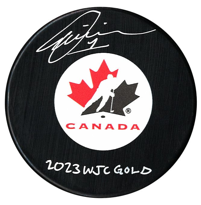 Thomas Milic Autographed Team Canada 2023 WJC Gold Inscribed Puck CoJo Sport Collectables Inc.