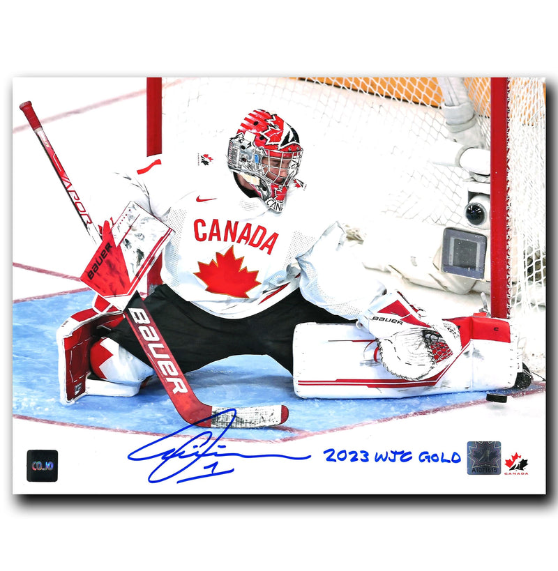Thomas Milic Team Canada Autographed 2023 WJC Gold Inscribed 8x10 Photo (White) CoJo Sport Collectables Inc.
