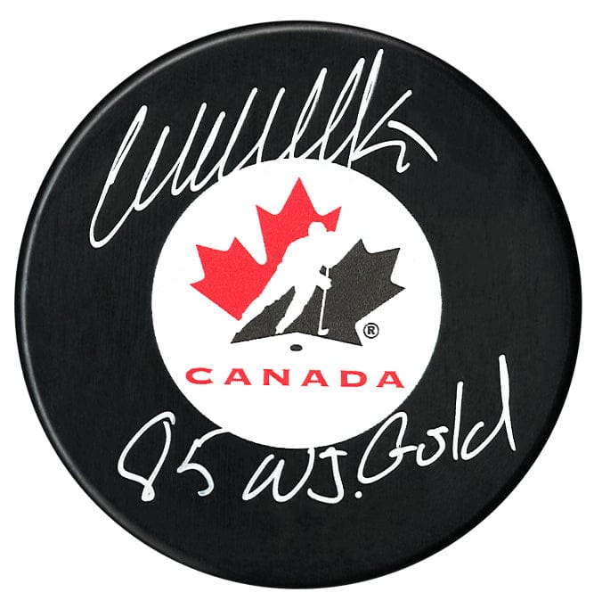 Wendel Clark Autographed Team Canada 1985 WJ Gold Inscribed Puck CoJo Sport Collectables Inc.