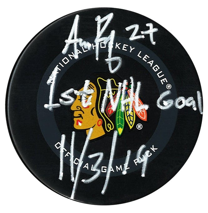 Adam Boqvist Autographed Chicago Blackhawks 1st NHL Goal Inscribed Official Puck CoJo Sport Collectables Inc.