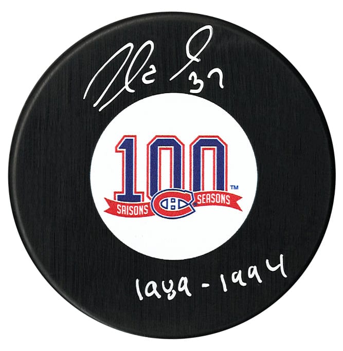 Andre Racicot Autographed Montreal Canadiens Centennial Season Inscribed Puck CoJo Sport Collectables Inc.