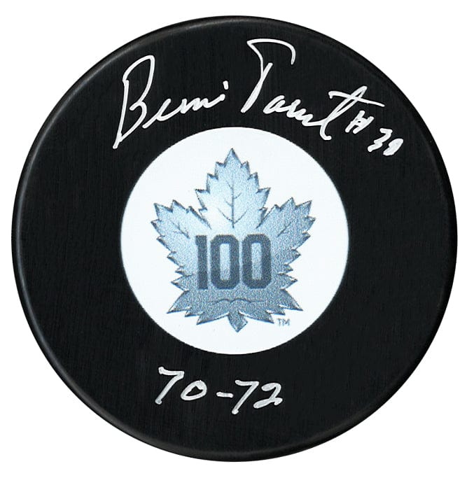 Bernie Parent Autographed Toronto Maple Leafs Centennial Season Inscribed Puck CoJo Sport Collectables