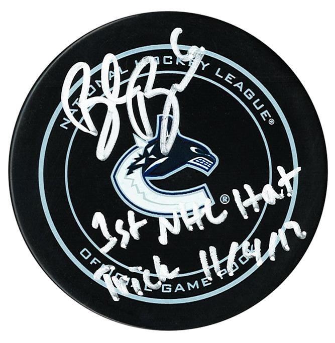 Brock Boeser Autographed Vancouver Canucks 1st NHL Hat Trick Official Puck CoJo Sport Collectables Inc.