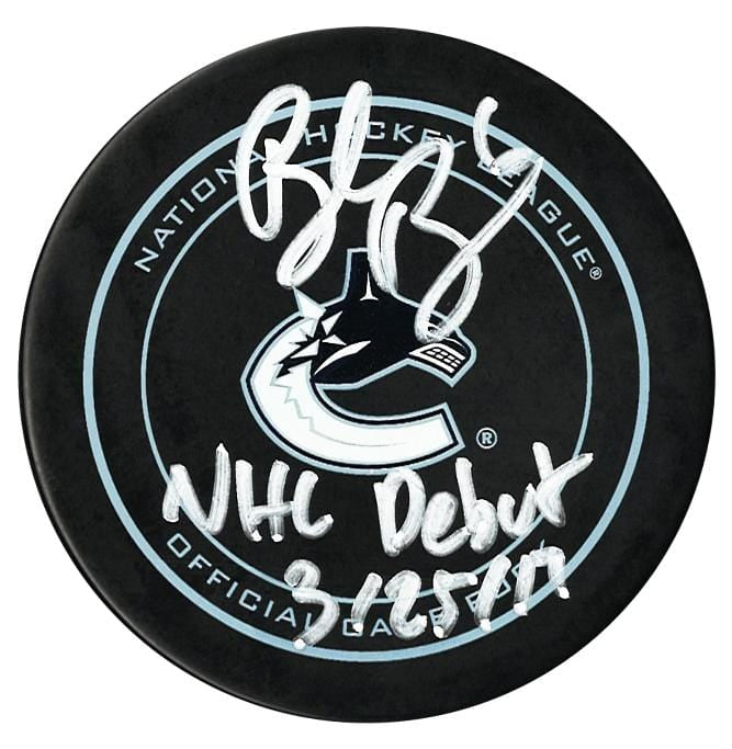 Brock Boeser Autographed Vancouver Canucks NHL Debut Official Puck CoJo Sport Collectables Inc.