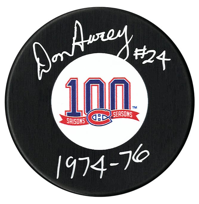 Don Awrey Autographed Montreal Canadiens Centennial Season Inscribed Puck CoJo Sport Collectables