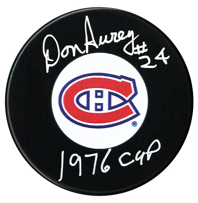 Don Awrey Autographed Montreal Canadiens Stanley Cup Inscribed Puck CoJo Sport Collectables