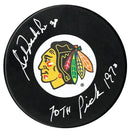 Gilles Meloche Autographed Chicago Blackhawks Draft Inscribed Puck CoJo Sport Collectables Inc.