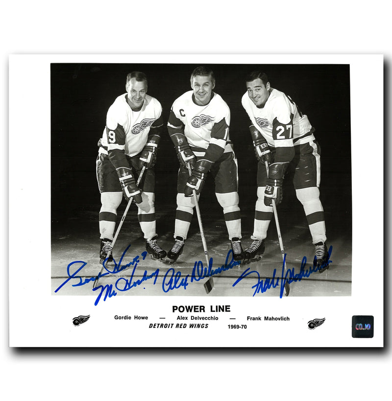 Gordie Howe, Alex Delvecchio and Frank Mahovlich Detroit Red Wings Autographed Power Line 8x10 Photo CoJo Sport Collectables