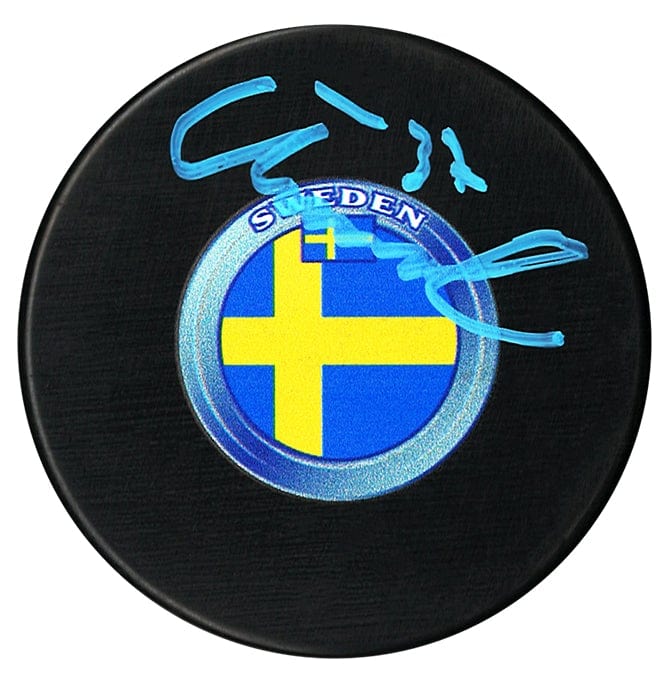 Isac Lundestrom Anaheim Ducks Autographed Team Sweden Puck (Baby Blue) CoJo Sport Collectables Inc.
