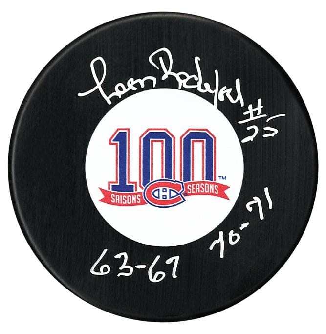 Leon Rochefort Autographed Montreal Canadiens Centennial Season Inscribed Puck CoJo Sport Collectables Inc.