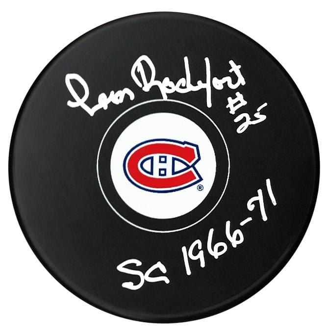 Leon Rochefort Autographed Montreal Canadiens Stanley Cup Inscribed Puck (Small Logo) CoJo Sport Collectables Inc.