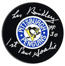 Les Binkley Autographed Pittsburgh Penguins Retro Blue Inscribed Puck CoJo Sport Collectables Inc.
