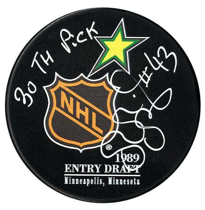 Patrice Brisebois Autographed 1989 NHL Draft Inscribed Puck CoJo Sport Collectables Inc.